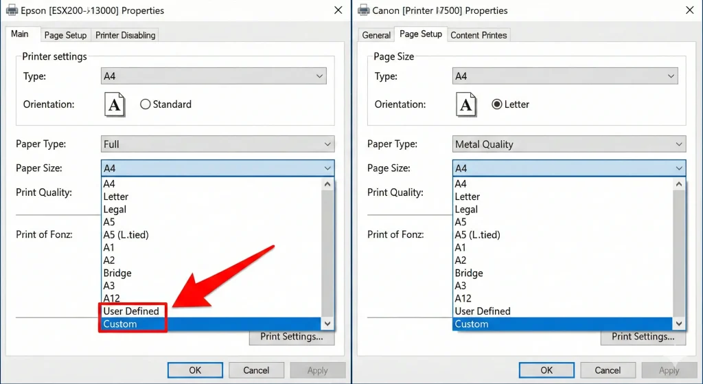 Tangkapan layar yang menunjukkan jendela 'Printer Properties' (contoh pakai tampilan umum printer Epson atau Canon). Tunjukkan panah ke arah pengaturan 'Paper Size' yang harus diubah ke 'User Defined/Custom', bukan A4