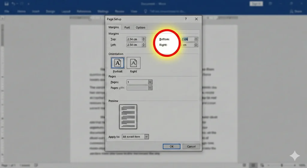 angkapan layar kotak dialog Page Setup yang sama, tapi kali ini tab 'Margins' yang terbuka. Highlight pada bagian 'Bottom' margin yang diisi dengan nilai aman, misalnya '2 cm'