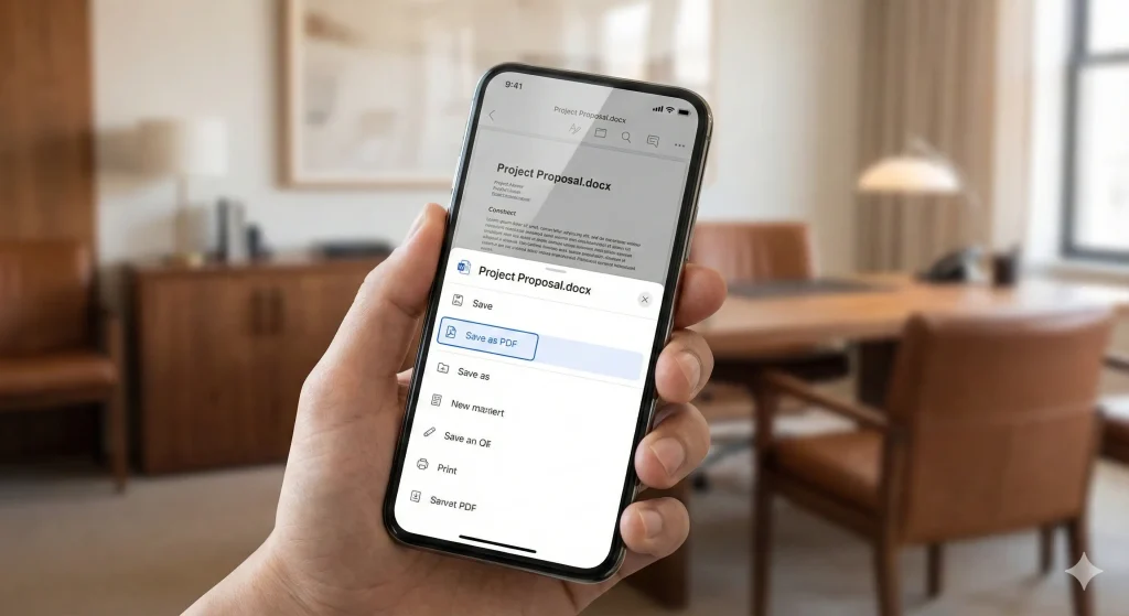 A hand holding a modern smartphone. The screen displays a clean user interface of a document app with a pop-up menu highlighting "Save as PDF". The background is a blurred office setting with warm brown tones. Realistic style, focus on the phone screen.