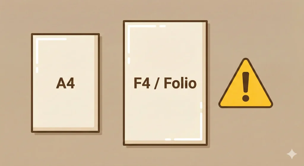 Ilustrasi kertas ukuran A4 vs F4 dan tanda seru peringatan.