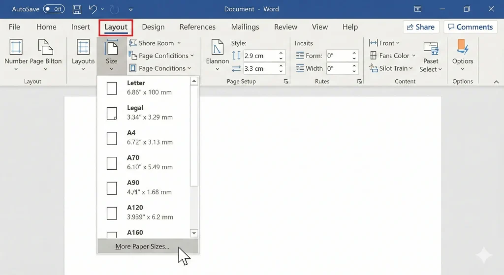 Tangkapan layar Ribbon Microsoft Word. Tab 'Layout' sedang aktif, menu dropdown 'Size' terbuka, dan kursor atau panah menunjuk ke opsi paling bawah 'More Paper Sizes...'.