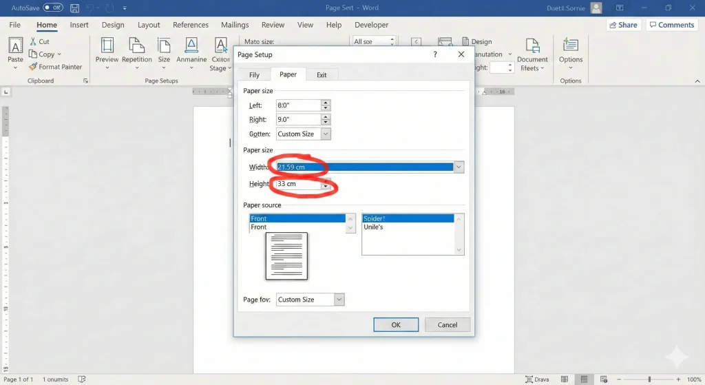 Tangkapan layar kotak dialog Page Setup. Tab 'Paper' terpilih. Paper size menunjukkan 'Custom Size'. Nilai pada kotak 'Width' diisi '21.59 cm' dan kotak 'Height' diisi '33 cm'. Beri lingkaran merah/highlight pada kedua angka tersebut untuk penekanan.